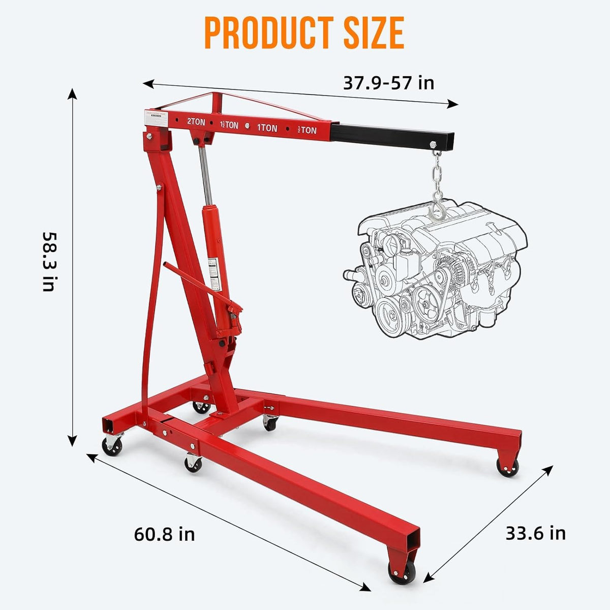 2 Ton Hydraulic Engine Hoist Cherry Picker, 4400LBS, Cherry | No Lever, Foldable, with 6 Casters and Telescopic Boom, Heavy Duty Engine Lift for Garage, Workshop, Automotive Repair