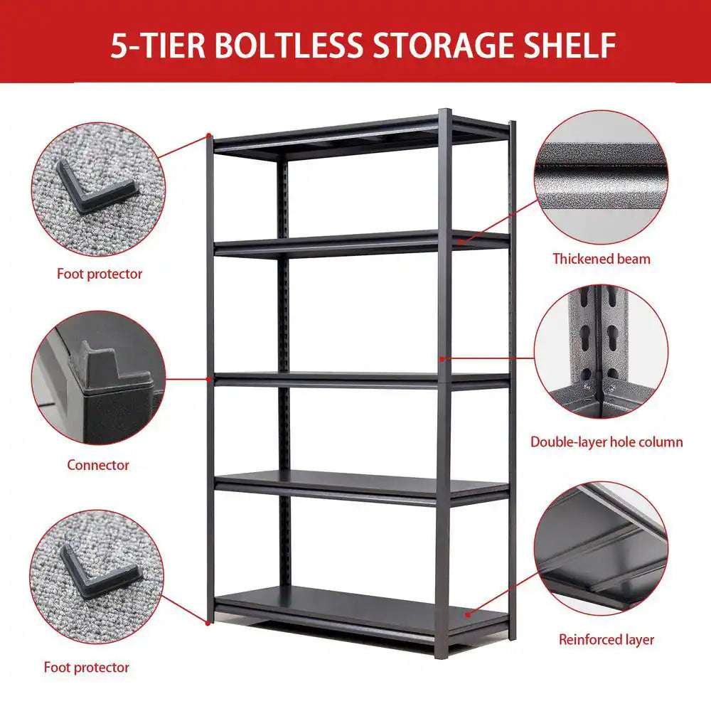 72 In. H 5-Tier Metal Shelves 2000 Lbs. Heavy Duty Storage Shelve Adjustable Garage Shelf Industrial Shelving Unit-Black