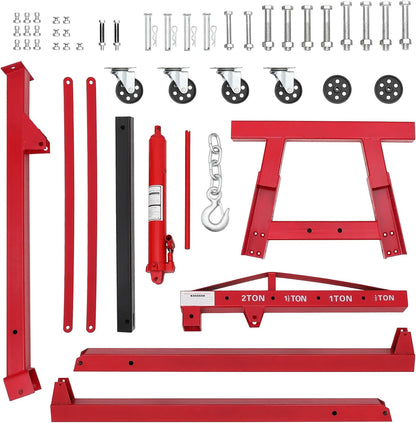 2 Ton Hydraulic Engine Hoist Cherry Picker, 4400LBS, Cherry | No Lever, Foldable, with 6 Casters and Telescopic Boom, Heavy Duty Engine Lift for Garage, Workshop, Automotive Repair