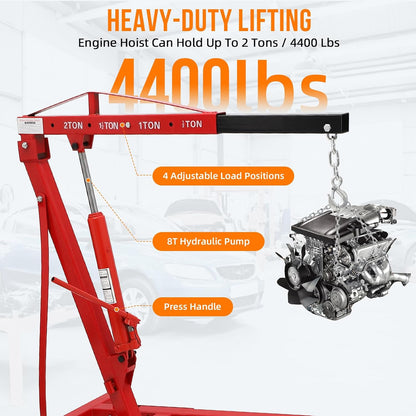 2 Ton Hydraulic Engine Hoist Cherry Picker, 4400LBS, Cherry | No Lever, Foldable, with 6 Casters and Telescopic Boom, Heavy Duty Engine Lift for Garage, Workshop, Automotive Repair