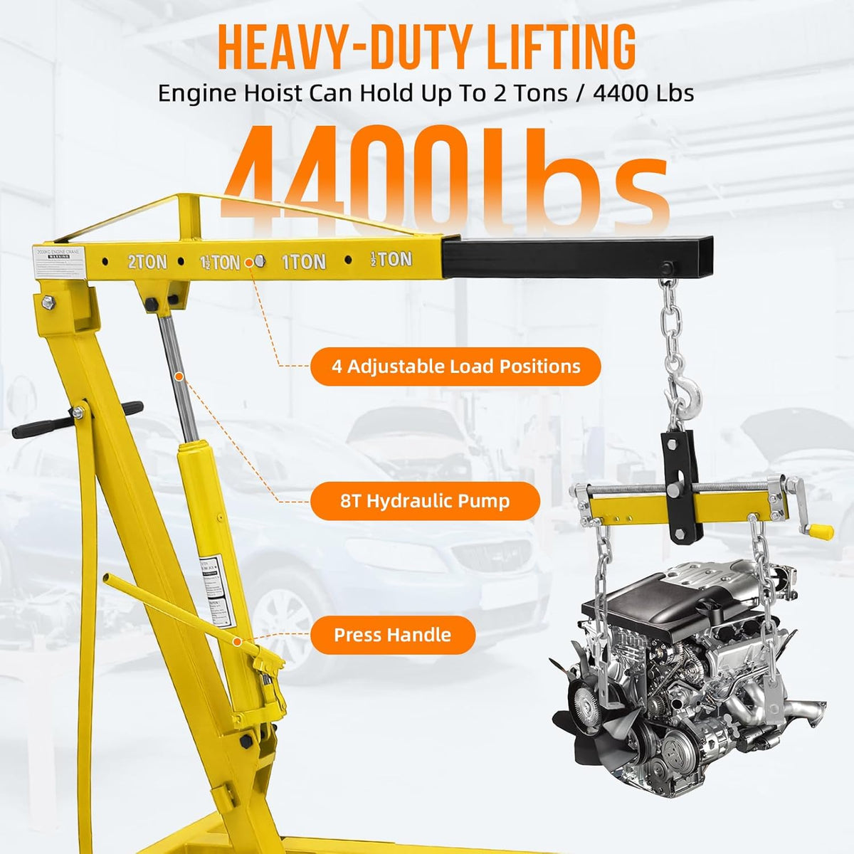 Engine Hoist with Lever, 2 T 4000 Lbs Heavy Duty Folding Cherry Picker Engine Lift Hydraulic Tilting Engine Shop Crane with 6 Iron Caster Wheels Telescopic Boom Hitch, Yellow