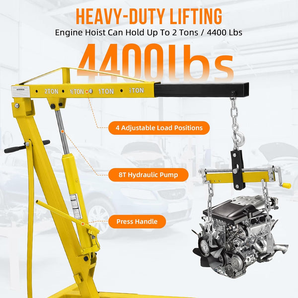 Engine Hoist with Lever, 2 T 4000 Lbs Heavy Duty Folding Cherry Picker Engine Lift Hydraulic Tilting Engine Shop Crane with 6 Iron Caster Wheels Telescopic Boom Hitch, Yellow