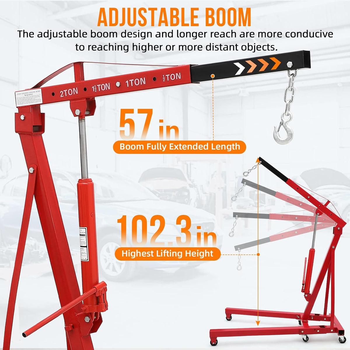 2 Ton Hydraulic Engine Hoist Cherry Picker, 4400LBS, Cherry | No Lever, Foldable, with 6 Casters and Telescopic Boom, Heavy Duty Engine Lift for Garage, Workshop, Automotive Repair