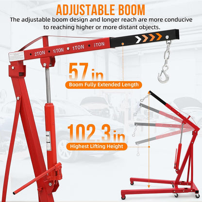 2 Ton Hydraulic Engine Hoist Cherry Picker, 4400LBS, Cherry | No Lever, Foldable, with 6 Casters and Telescopic Boom, Heavy Duty Engine Lift for Garage, Workshop, Automotive Repair