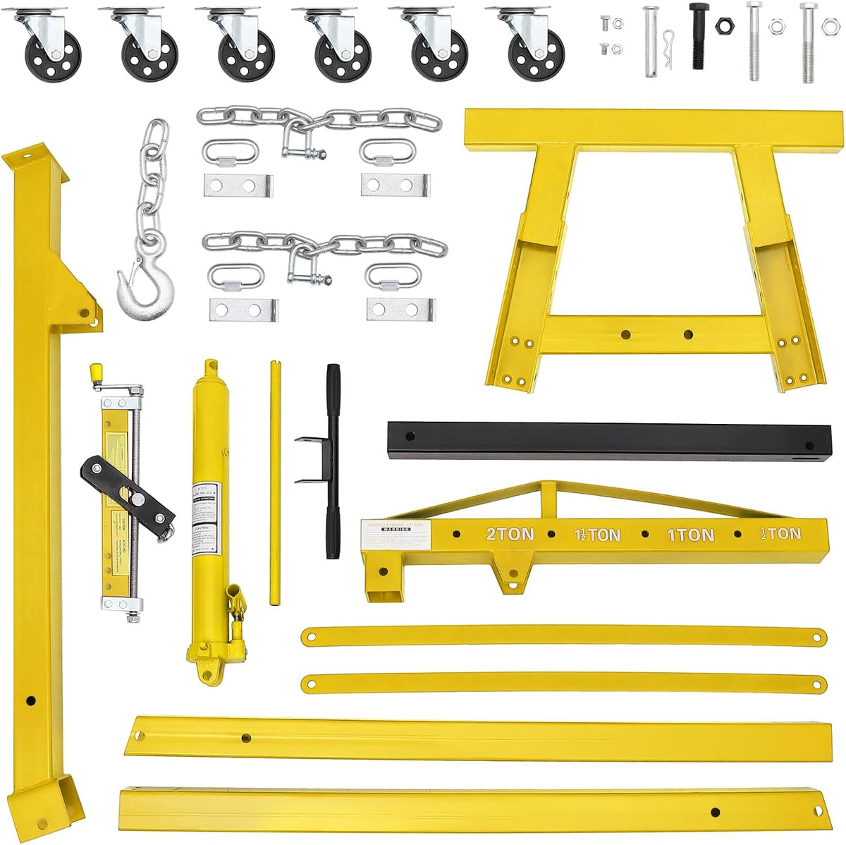 Engine Hoist with Lever, 2 T 4000 Lbs Heavy Duty Folding Cherry Picker Engine Lift Hydraulic Tilting Engine Shop Crane with 6 Iron Caster Wheels Telescopic Boom Hitch, Yellow