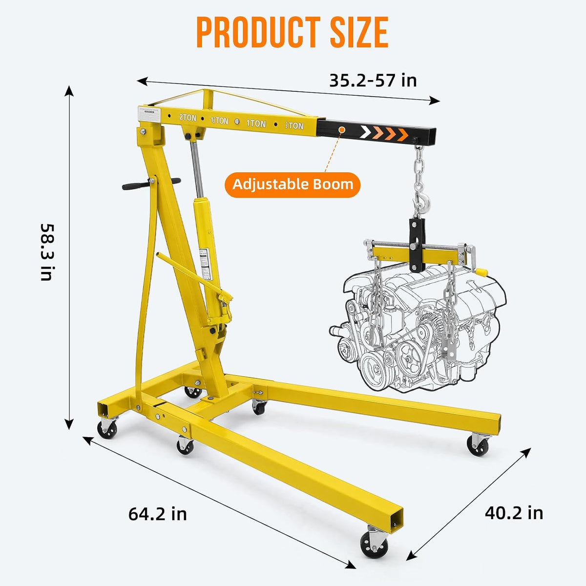 Engine Hoist with Lever, 2 T 4000 Lbs Heavy Duty Folding Cherry Picker Engine Lift Hydraulic Tilting Engine Shop Crane with 6 Iron Caster Wheels Telescopic Boom Hitch, Yellow