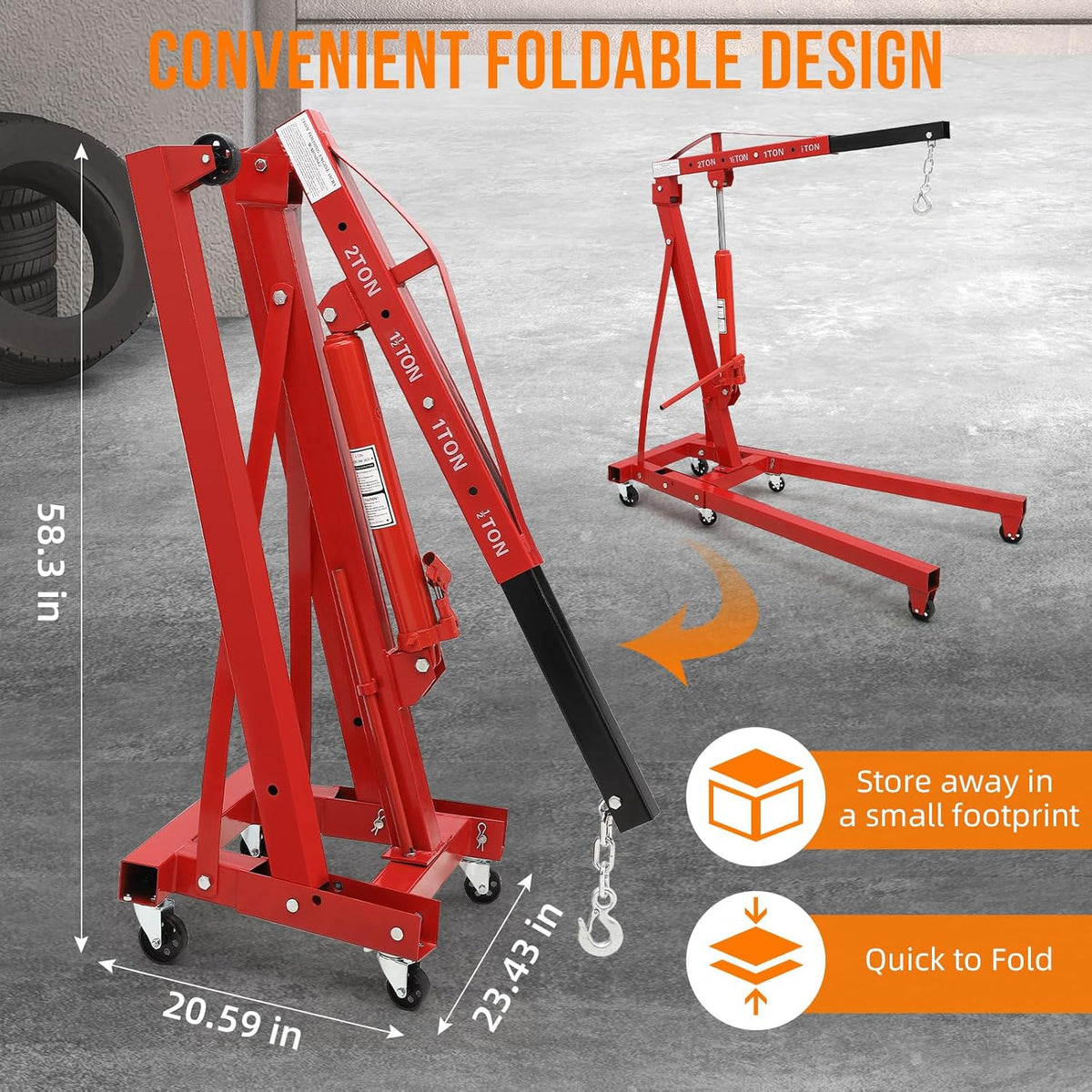 2 Ton Hydraulic Engine Hoist Cherry Picker, 4400LBS, Cherry | No Lever, Foldable, with 6 Casters and Telescopic Boom, Heavy Duty Engine Lift for Garage, Workshop, Automotive Repair