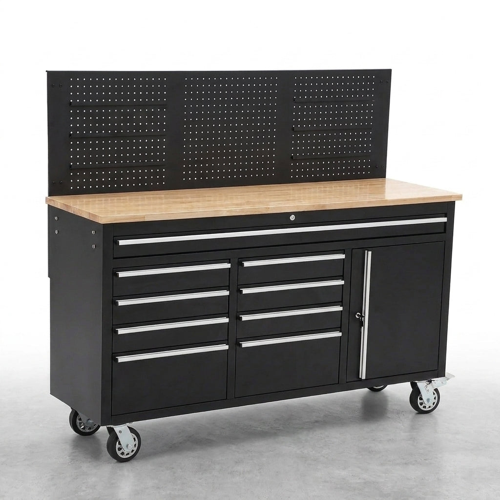 Tool Chest Workbench, 61-Inch Rolling Tool Chest with Wheels, 10 Drawers, Multifunctional Tool Cart Mechanic Tool Storage Cabinet for Garage, Assembled Large Tool Box Storage Cabinet, Black — Studio Shot