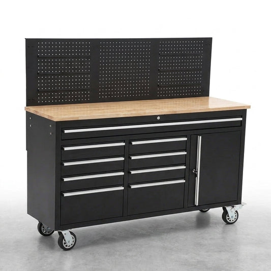 Tool Chest Workbench, 61-Inch Rolling Tool Chest with Wheels, 10 Drawers, Multifunctional Tool Cart Mechanic Tool Storage Cabinet for Garage, Assembled Large Tool Box Storage Cabinet, Black — Studio Shot