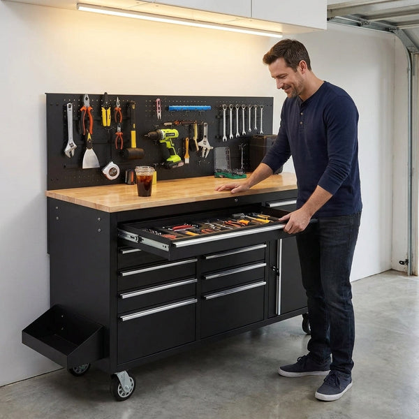 Rolling Tool Chest Workbench Built for Heavy-Duty Storage, 61-Inch Width, 10 Drawers, Stainless Steel