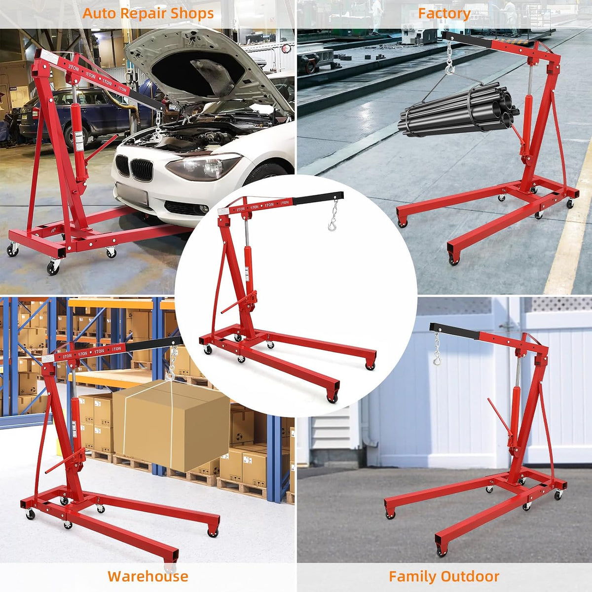 2 Ton Hydraulic Engine Hoist Cherry Picker, 4400LBS, Cherry | No Lever, Foldable, with 6 Casters and Telescopic Boom, Heavy Duty Engine Lift for Garage, Workshop, Automotive Repair