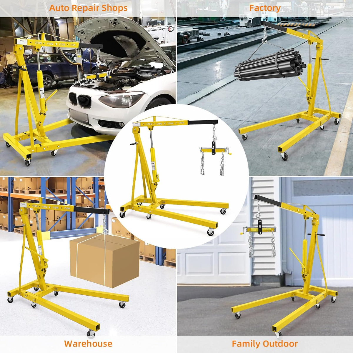 Engine Hoist with Lever, 2 T 4000 Lbs Heavy Duty Folding Cherry Picker Engine Lift Hydraulic Tilting Engine Shop Crane with 6 Iron Caster Wheels Telescopic Boom Hitch, Yellow