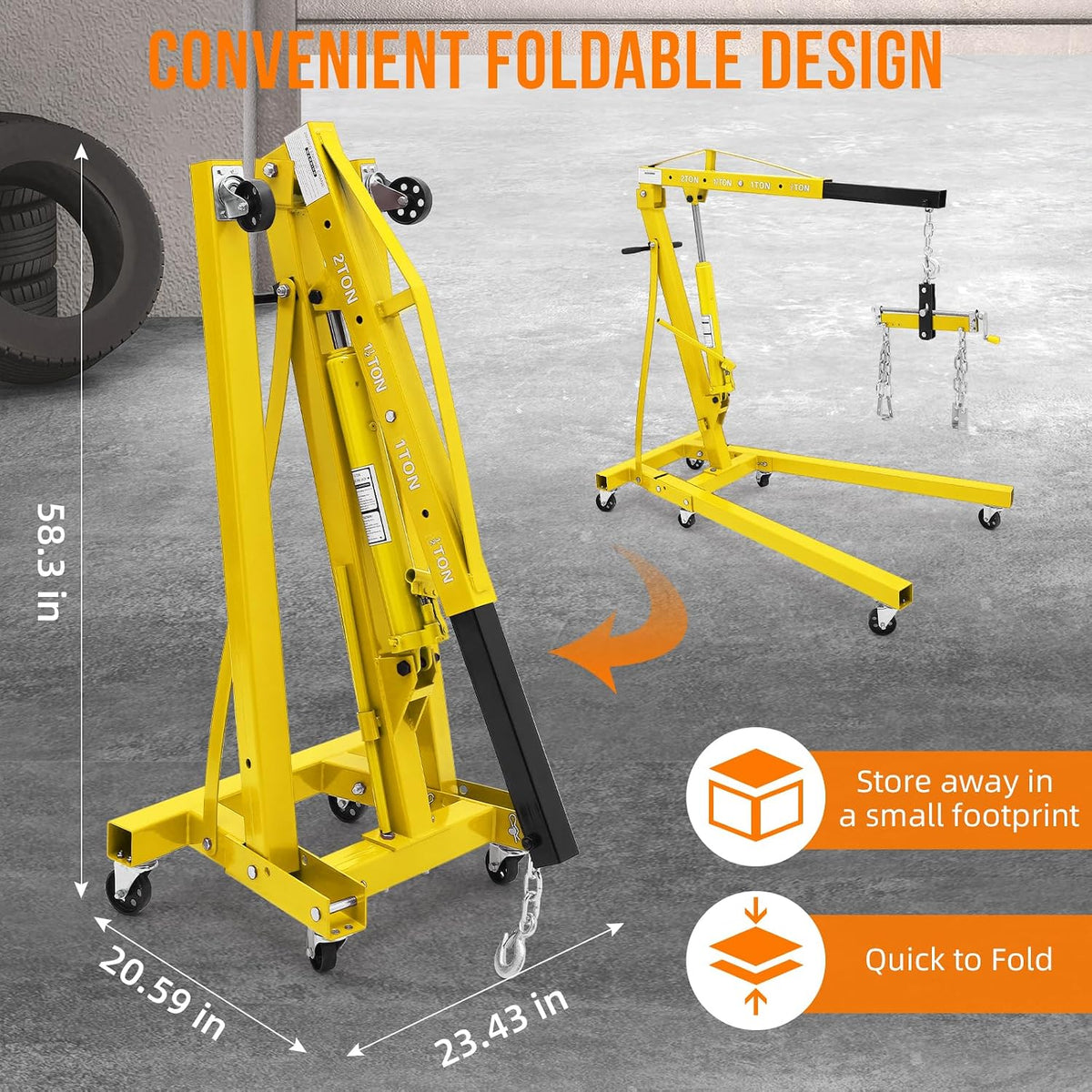 Engine Hoist with Lever, 2 T 4000 Lbs Heavy Duty Folding Cherry Picker Engine Lift Hydraulic Tilting Engine Shop Crane with 6 Iron Caster Wheels Telescopic Boom Hitch, Yellow
